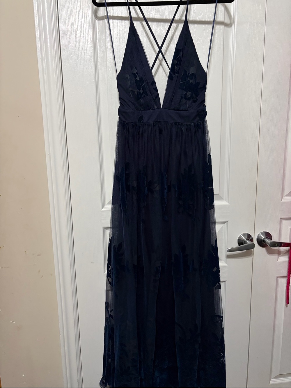 Navy Floral Embroidered Maxi Dress with Crisscross Back Size M